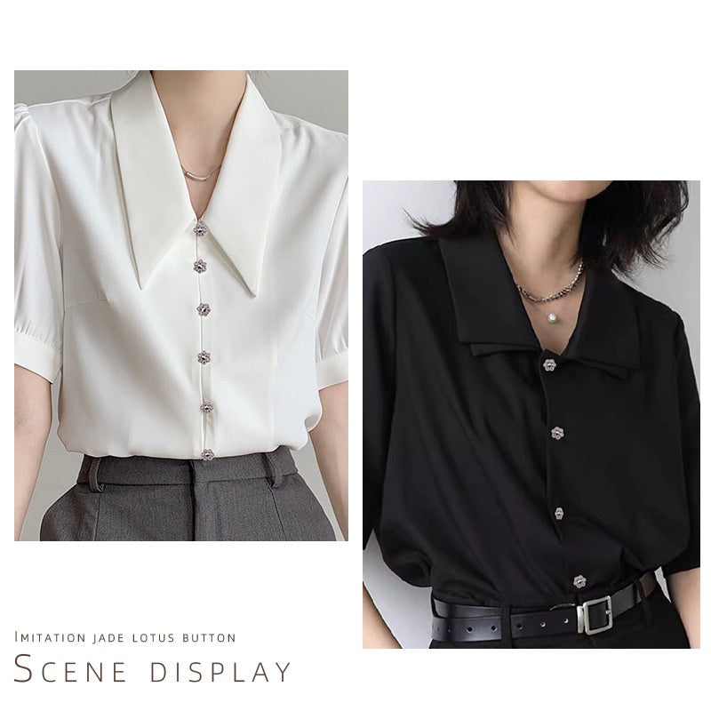 Rhinestone shirt buttons on white and black button-down collars, silver setting