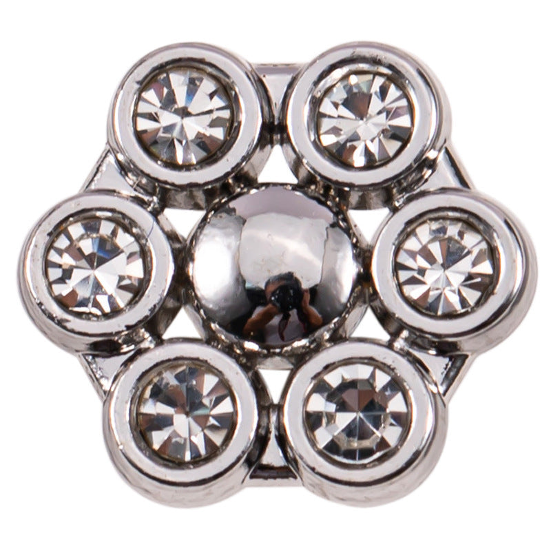 Round silver rhinestone shirt button with central crystal and 6-stone ring pattern
