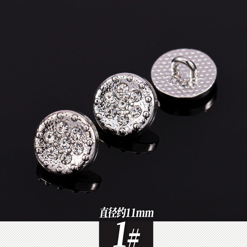 Round silver rhinestone shirt buttons with metal loop shank, two-piece set