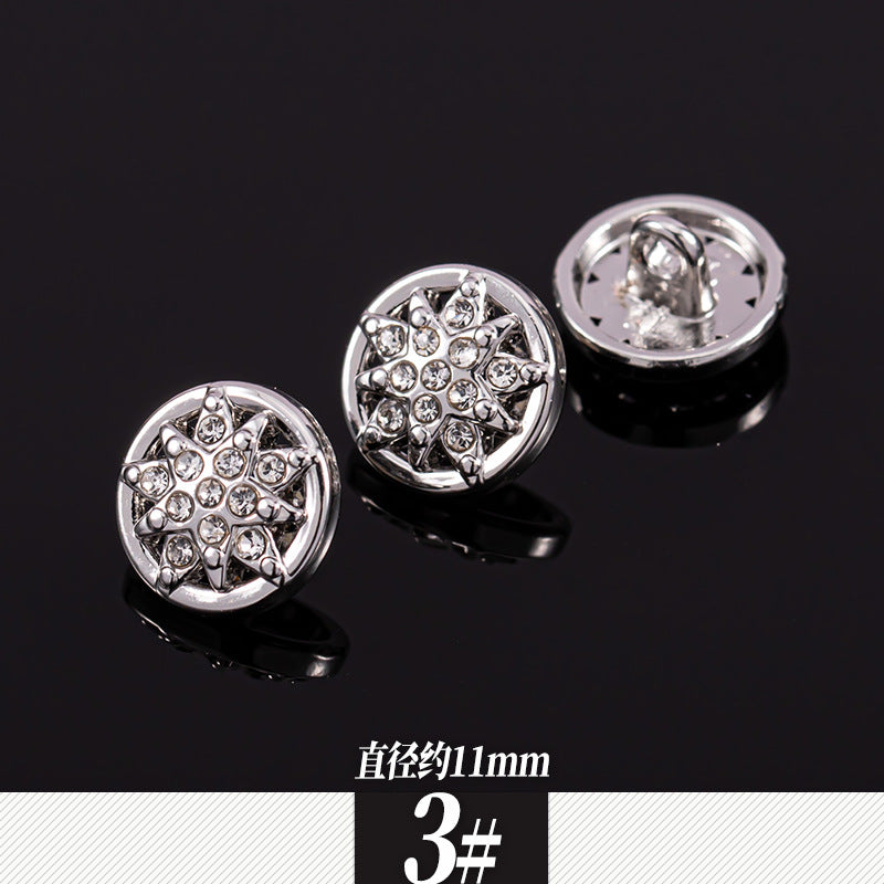 Three round silver rhinestone shirt buttons with starburst crystal pattern and loop back