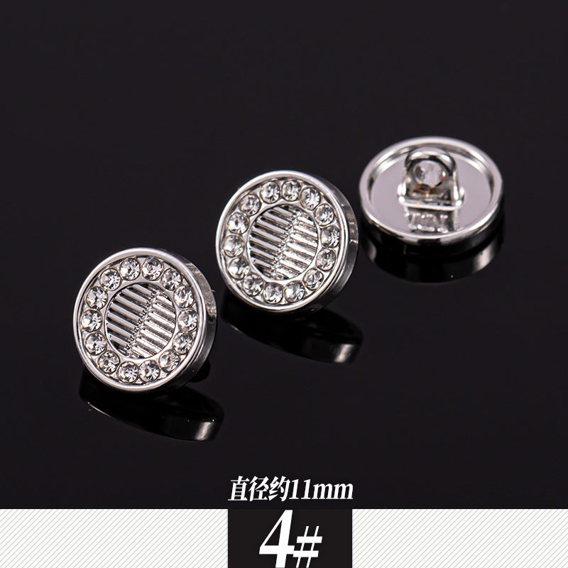 Round silver rhinestone shirt buttons with ribbed central crystal, front and back views