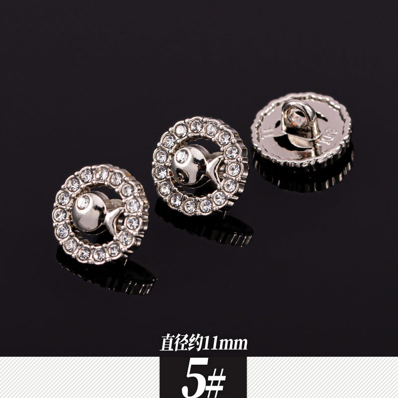 Round silver rhinestone shirt buttons with center oval crystal, front and back views