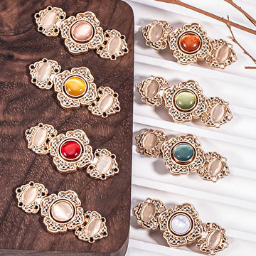 Embossed flower metal buckle buttons, 8-pack with multicolor gem stones and faux pearls