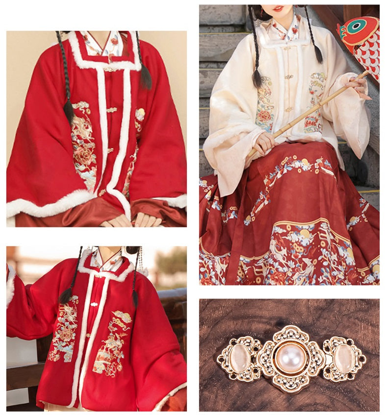Traditional red garment front with decorative embossed flower metal buckle button set