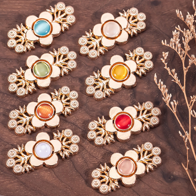 Ornate branch flower hanfu metal lock buttons set, gold-tone with multicolor cat’s eye stones