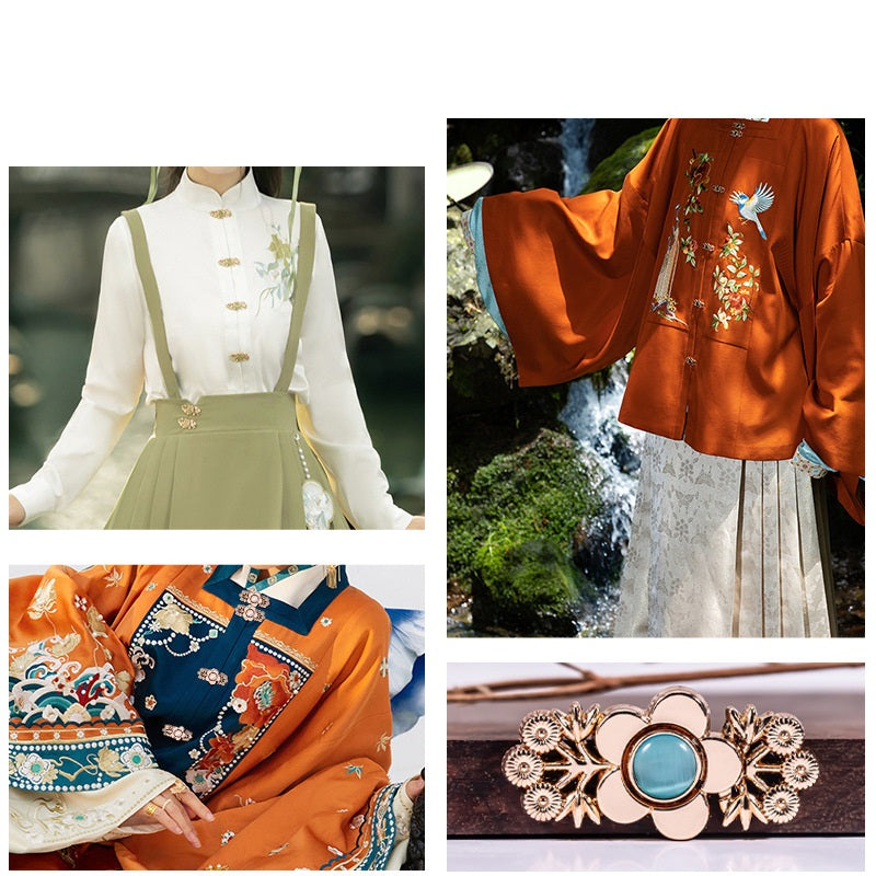Hanfu outfit with gold-tone branch flower metal lock buttons and colorful embroidered details