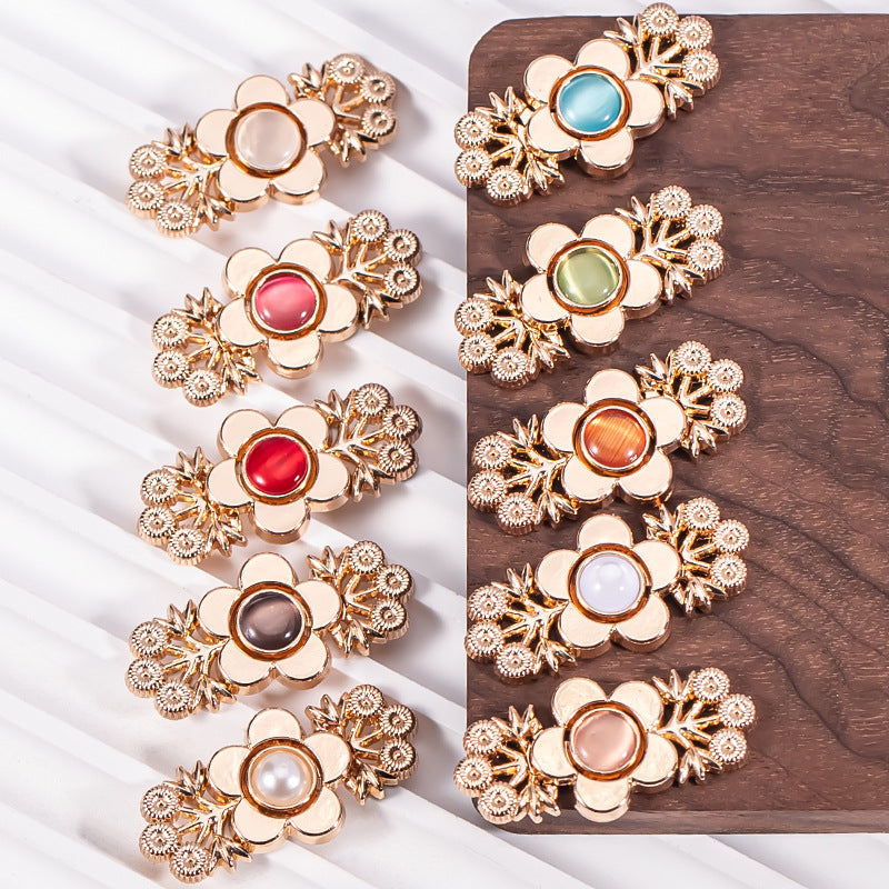 8-pack branch flower hanfu metal lock buttons, gold-tone frames with cat’s eye stones