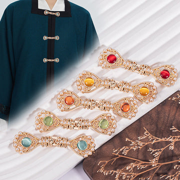 Pipa-shaped Chinese knot metal buttons, pearl trim with green, blue and orange stones