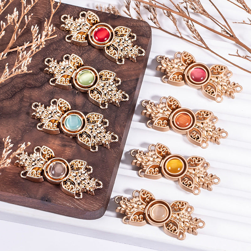 Metal buckle with cat’s eye stone, ornate filigree, 8-color set (red, green, blue, more).