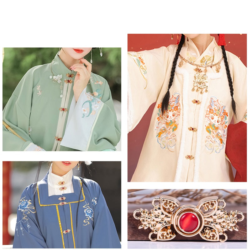 Ornate cat’s eye metal buckle on hanfu/cheongsam collar, gold tone with red stone.