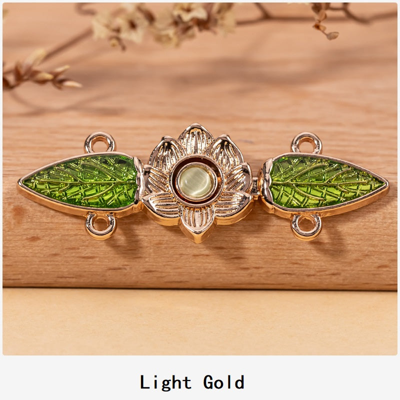 Light Gold cat’s eye leaf lock buttons—lotus flower center, leaf pendants, 3 pieces