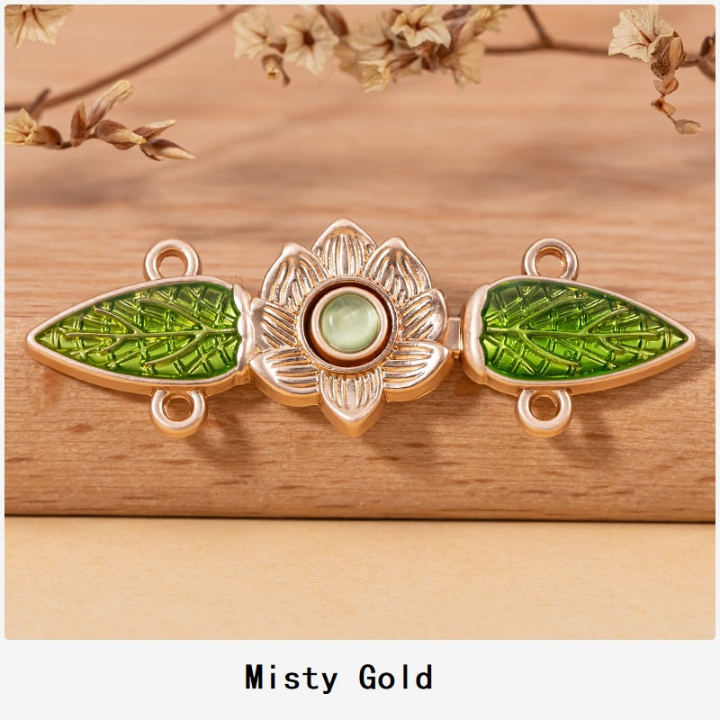 Misty Gold cat’s eye leaf lock buttons—lotus flower center, leaf pendants, 3 pieces