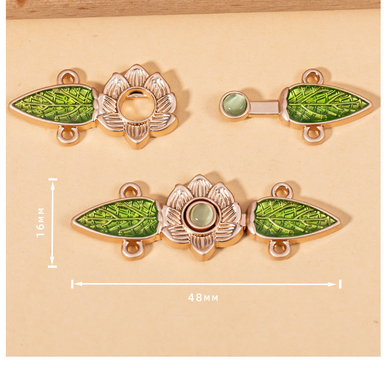 Hanfu lock buttons: green cat’s eye leaf petals, metal flower center, 16mm x 48mm