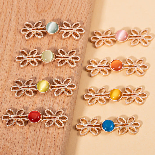 Chinese Five-Leaf Clover Hanfu Metal Lock Button Cat's Eye Stone 8 Color Pack