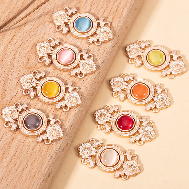 Antique-style lotus flower cat’s eye lock buttons, 8-pack with mixed stone colors
