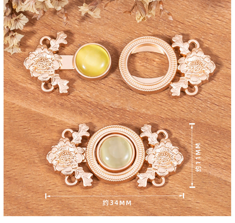 Lotus flower cat’s eye lock button set, pale yellow stone in rose-gold metal frame