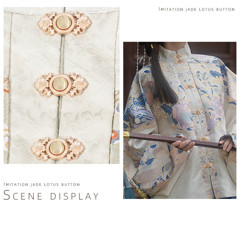 Lotus cat’s eye lock buttons with light jade stones on garment placket, rose-gold metal