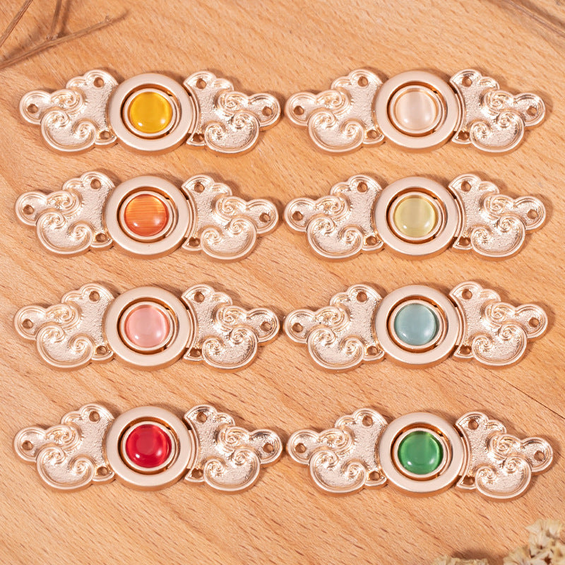 Antique-style metal buttons, cat’s-eye stones in yellow, orange, pink, blue, red, green (8-pack)