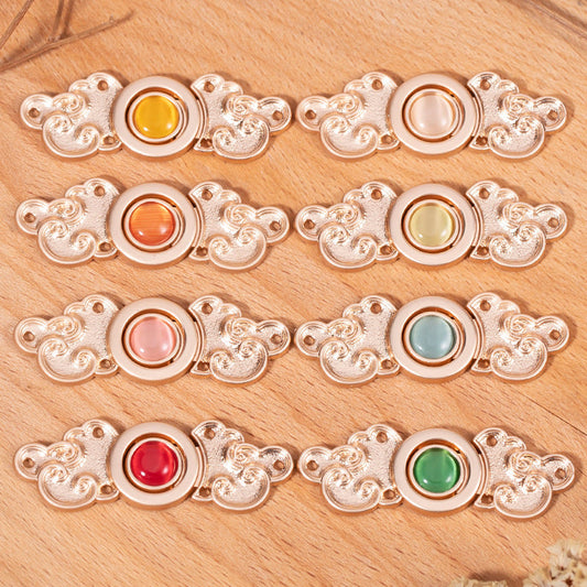 Chinese Antique Cloud Cat's Eye Stone Metal Buttons 8 Pack