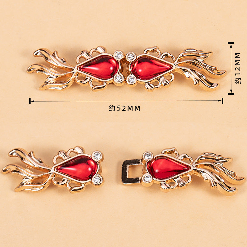 Goldfish-shaped frog closure buttons: 52mm long; red cabochon, gold-tone filigree, rhinestones