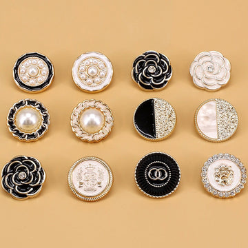 Round decorative shank buttons with pearl accents and black/gold frames, Lotsofbuttons