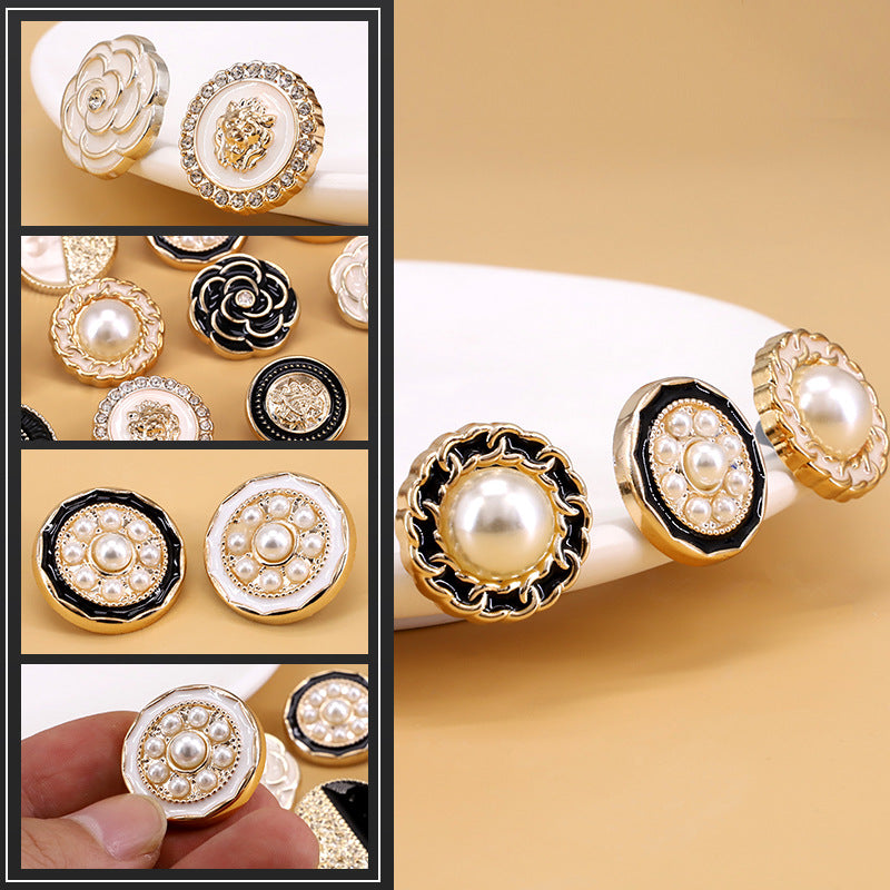 Set of round decorative shank buttons with pearl centers, gold trim, and jeweled borders
