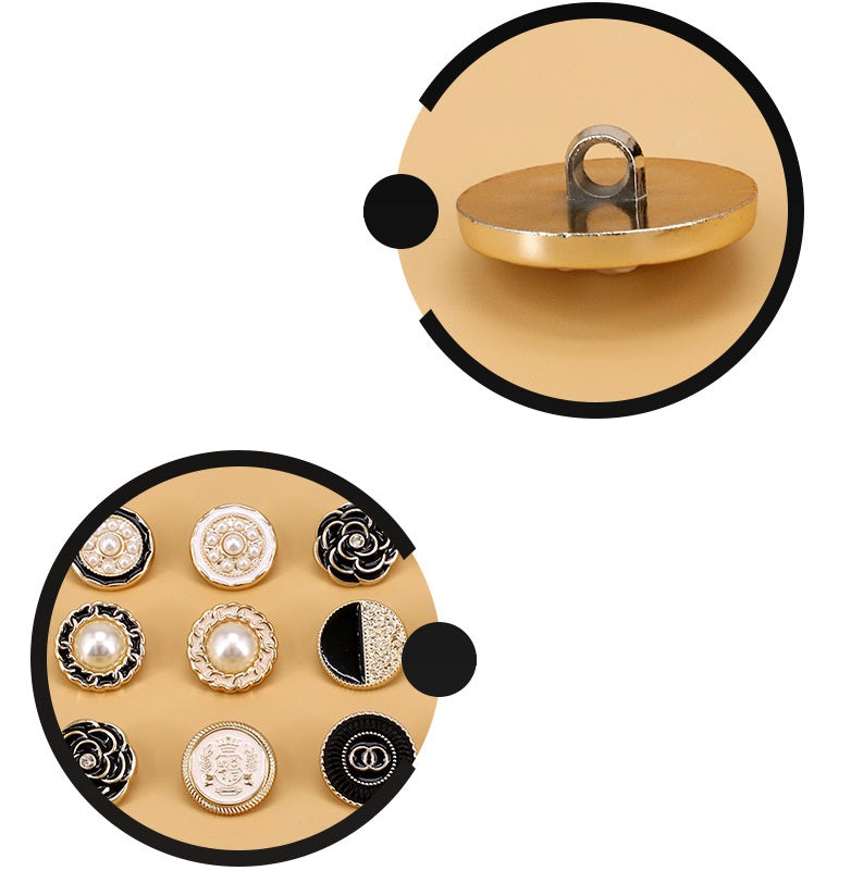 Pack of round decorative shank buttons showing mixed pearl, gold, and black finishes