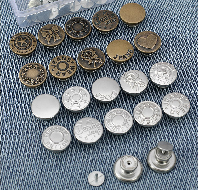 Metall-Jeansknöpfe, rund, bronzefarben und silberfarben, mit Jeans-Logo und Mustern