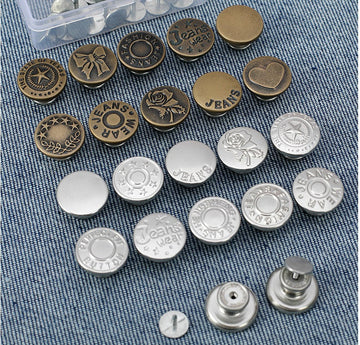 Metall-Jeansknöpfe, rund, bronzefarben und silberfarben, mit Jeans-Logo und Mustern