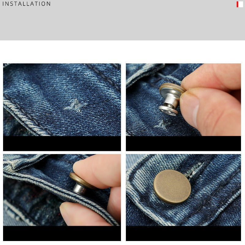 Installation eines Metall-Jeansknopfes ohne Durchstechen: Hand setzt Knopf auf Denim