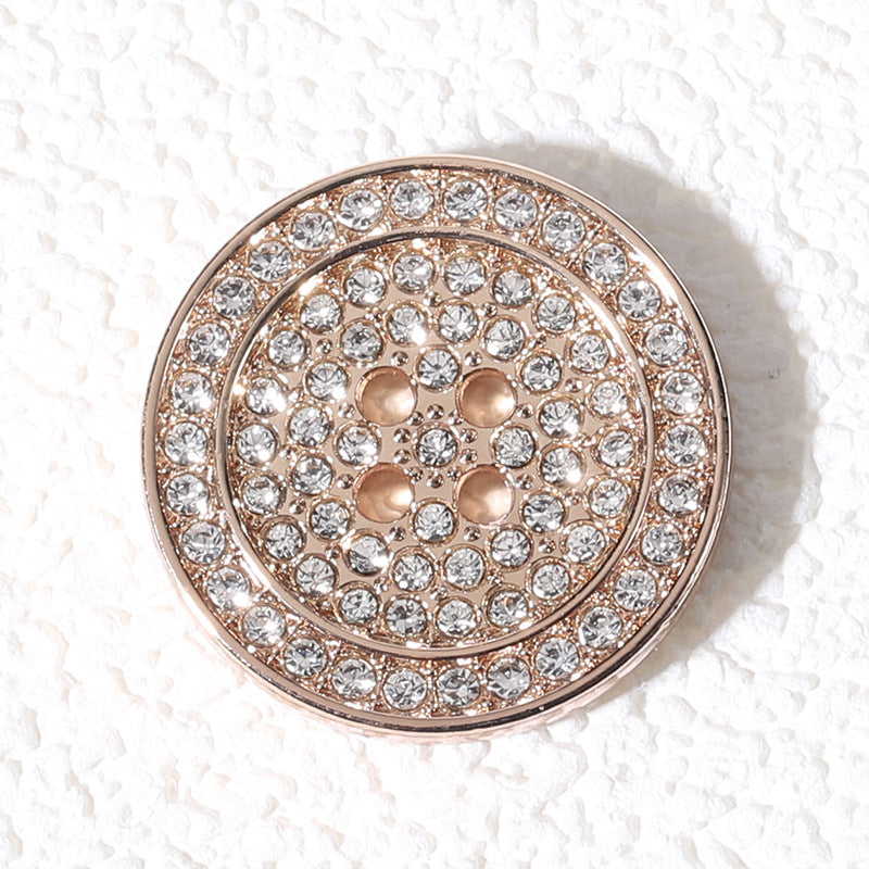 Round flat rhinestone metal button, rose-gold tone with clear stones and 4-hole center