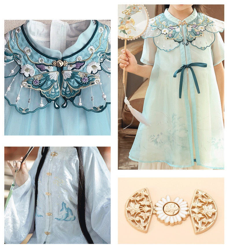 Hanfu-Cheongsam mit Schmuckknöpfen am Kragen, blaues besticktes Oberteil