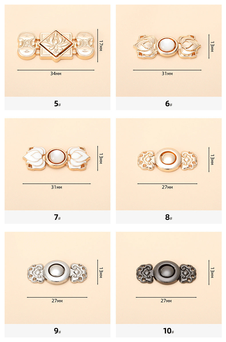 Maßtabelle: Hanfu-Metallknöpfe, Designs 5–10, runde Einsätze