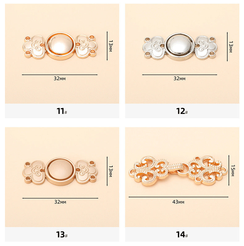 Maßtabelle: Hanfu-Metallknöpfe, Designs 11–14, runde Einsätze