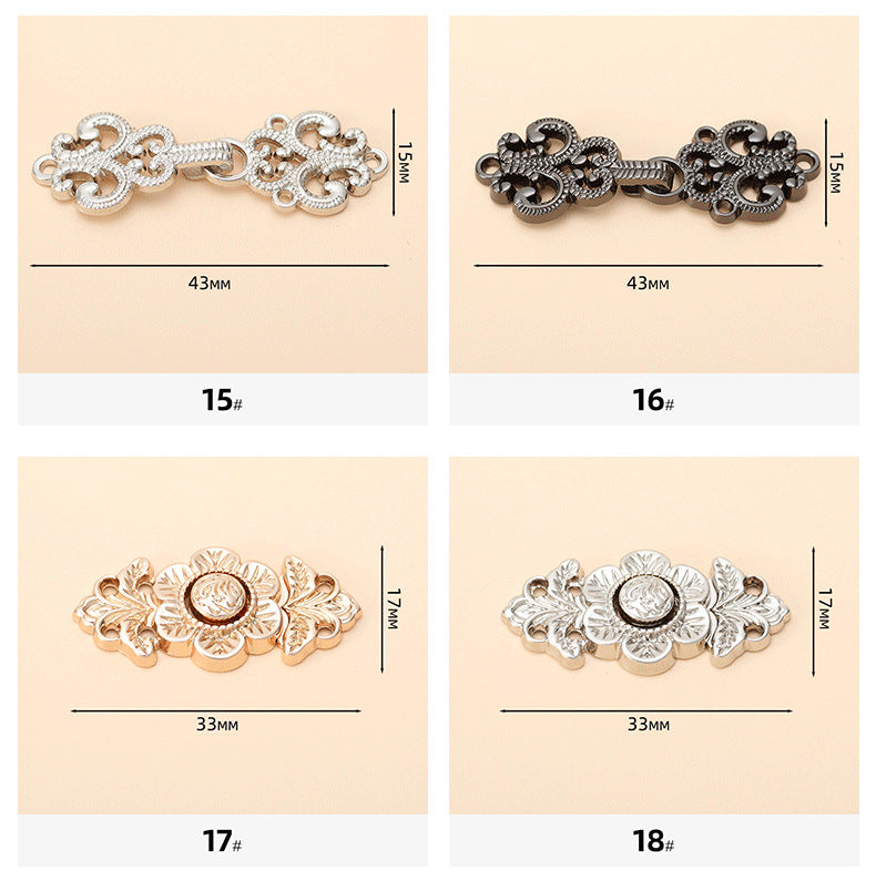 Maßtabelle: Hanfu-Metallknöpfe, Designs 15–18, runde Einsätze