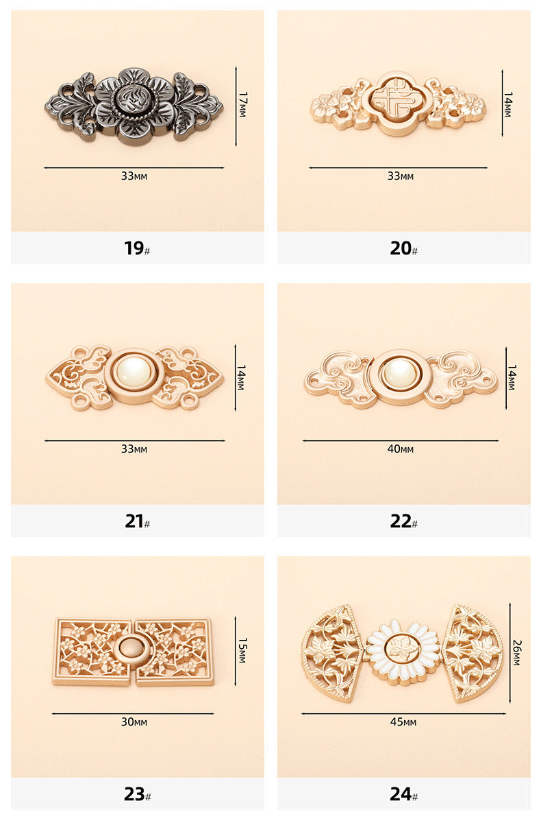 Maßtabelle: Hanfu-Metallknöpfe, Designs 19–24, runde Einsätze