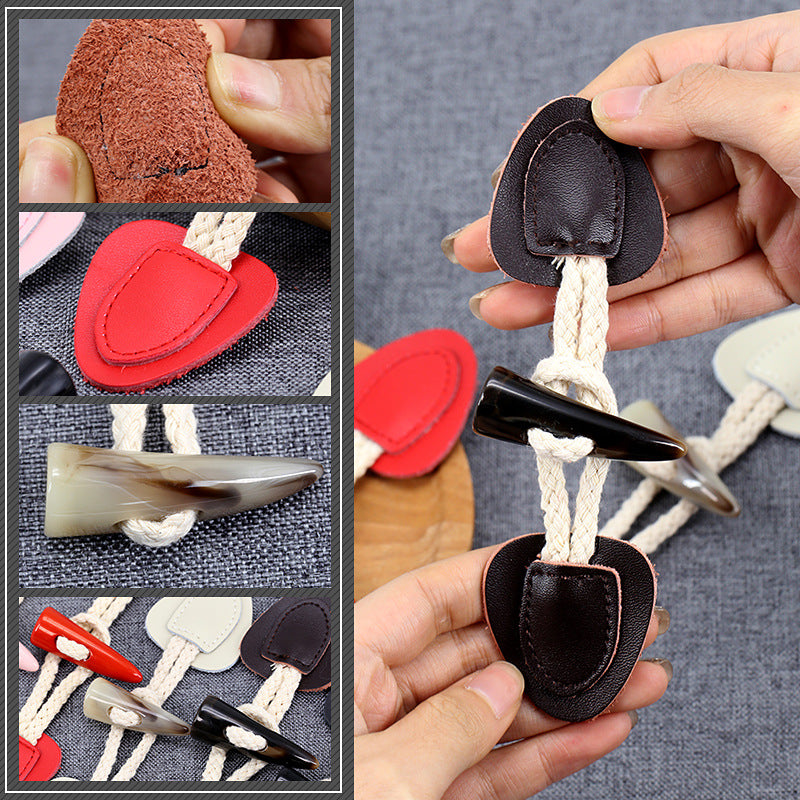 Close-up of 5 genuine leather horn toggle buttons: red, dark brown, and beige patches