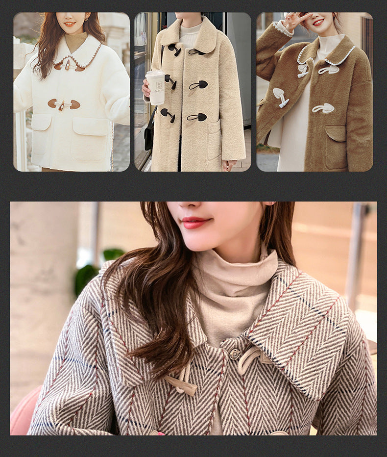 Coat with horn toggle closure detail; buttons resemble small stitched leather horn pieces