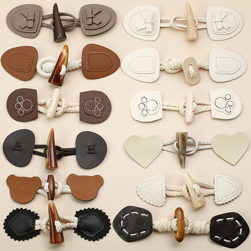 Leather and resin horn coat buttons, 12-pack assortment on braided cord