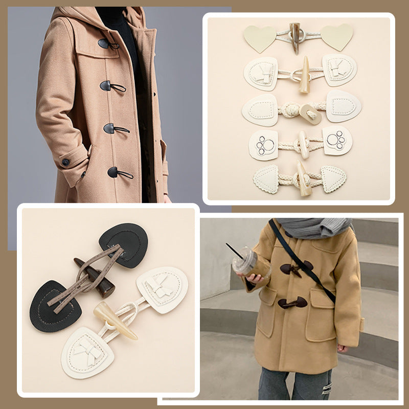 Leather and resin horn buttons on a women’s coat front; taupe and dark set