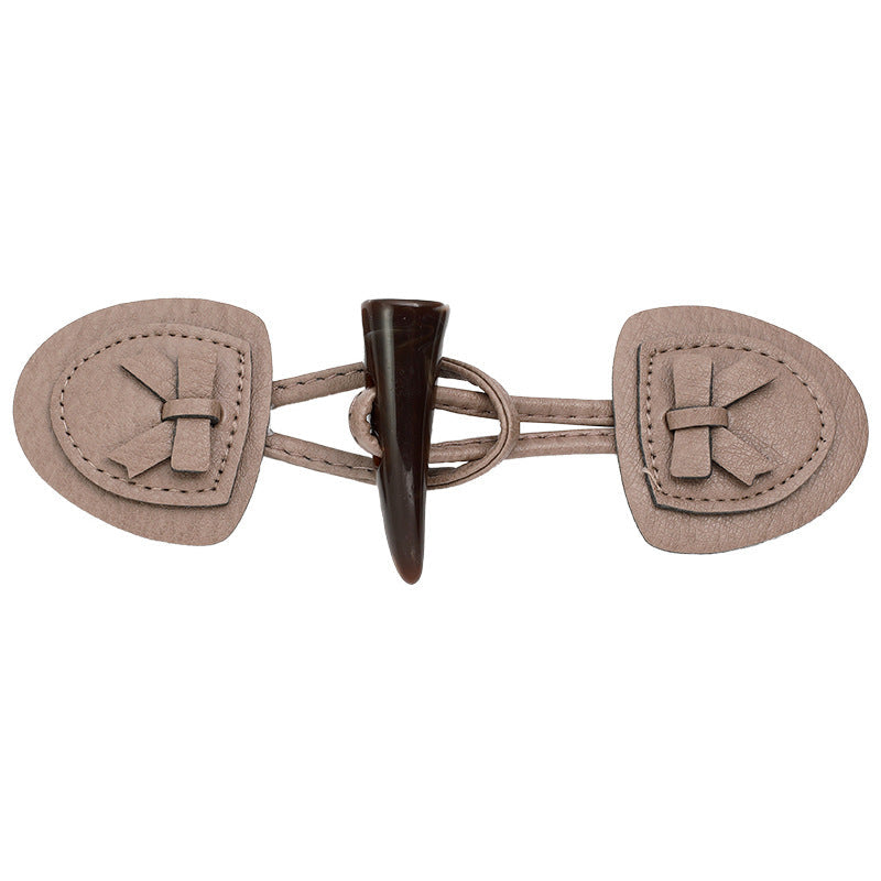 Beige leather horn buttons with horn shank and braided cord, stitched square details