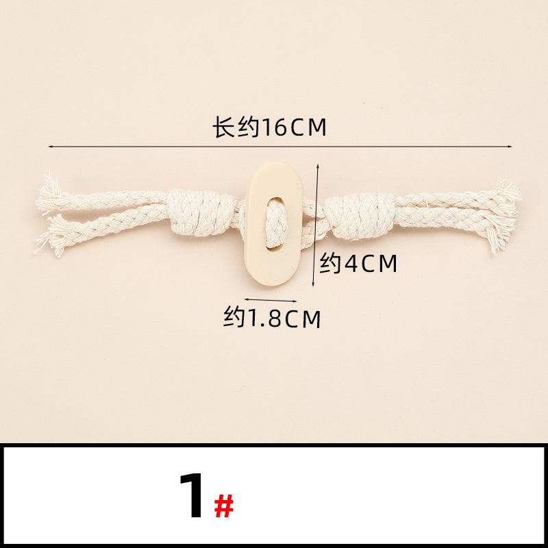 Zierknopfband für Mantel: beiges Leder, Perlmuttknopf, weiße Kordel, Metallspitzen