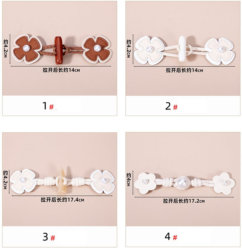 Toggle button size chart: flower shapes with faux pearls, lengths about 14–17.2 cm