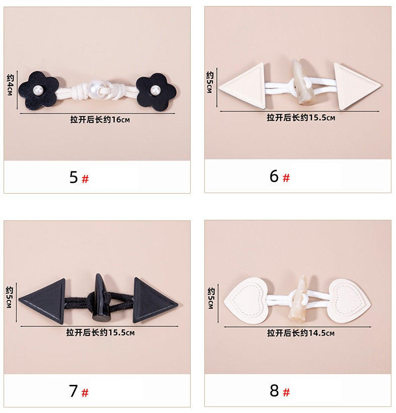 Toggle button size chart: clover and triangle designs, lengths about 13.5–15.5 cm
