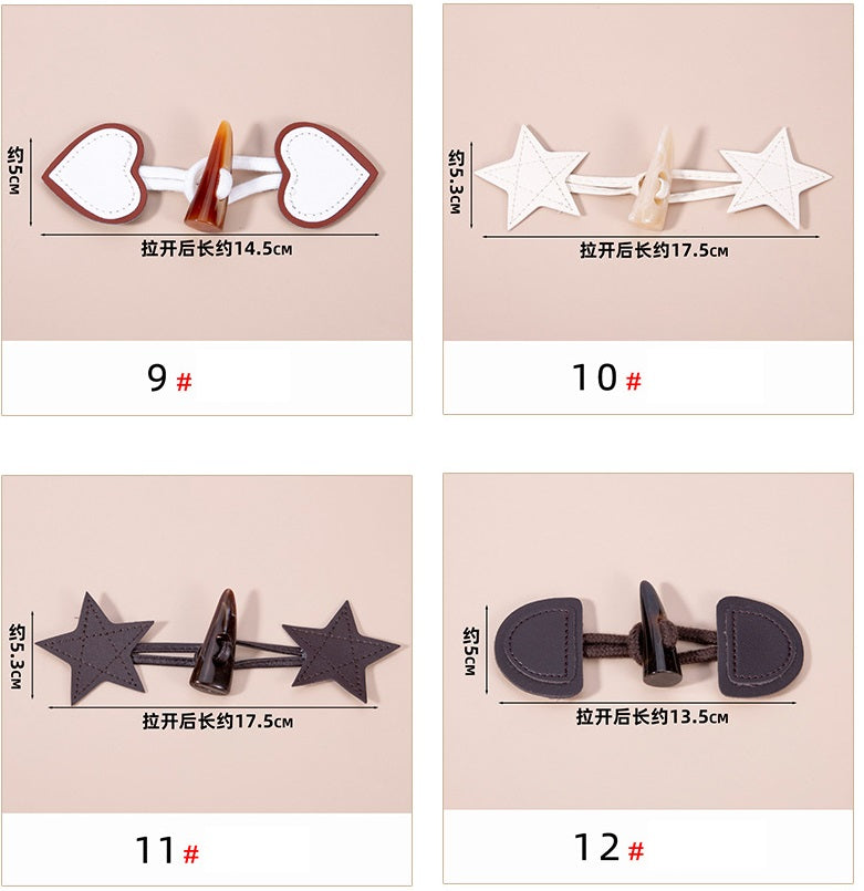Toggle button size chart: heart and star shapes with faux pearls, lengths about 13.5–17.5 cm