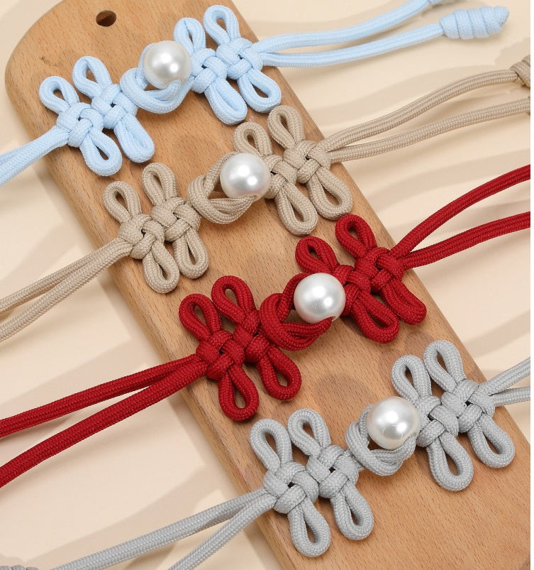 30cm Leinen-Chinesenknopf Froschverschluss, 4 Stück, hellblau/beige/rot/grau mit Perle