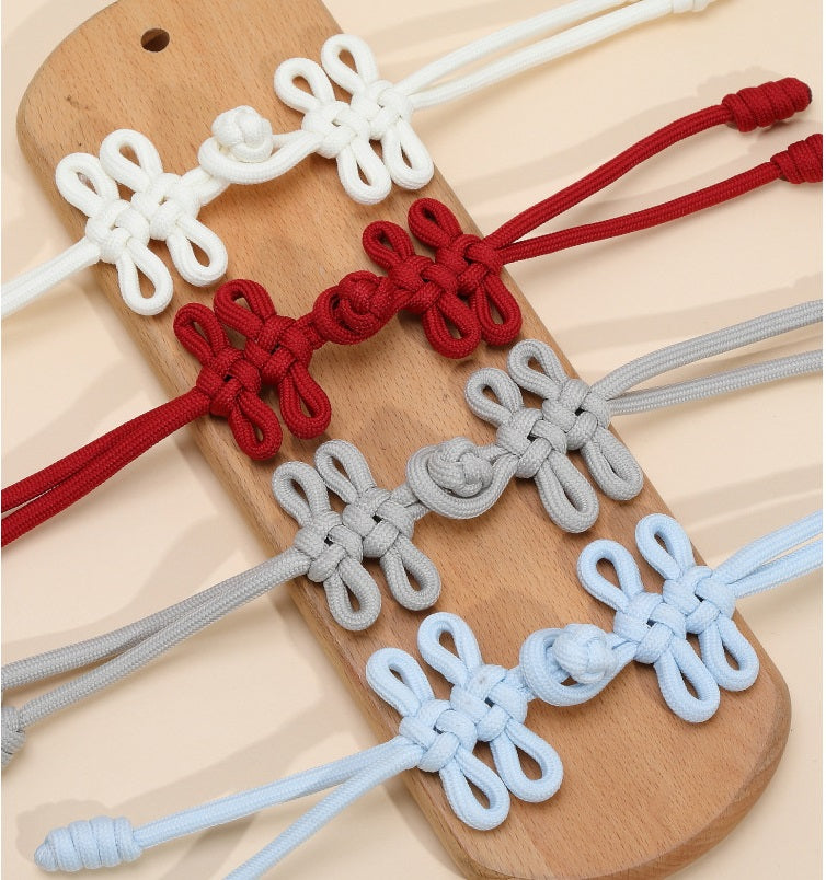 30cm Leinen-Chinesenknopf Froschverschluss, 4 Stück, weiß/weinrot/blau mit Perlen