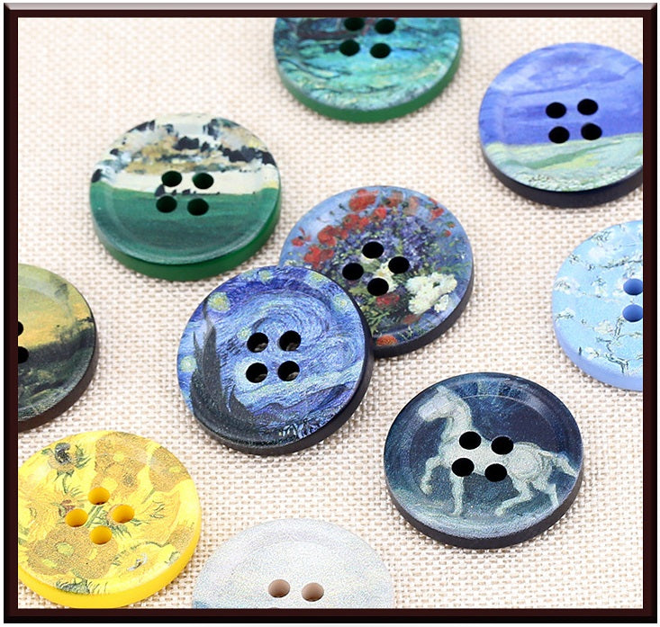 Runde Kunstharz-Knöpfe-Set mit blau/grün/gelb Landschaftsmotiven, vier Löcher