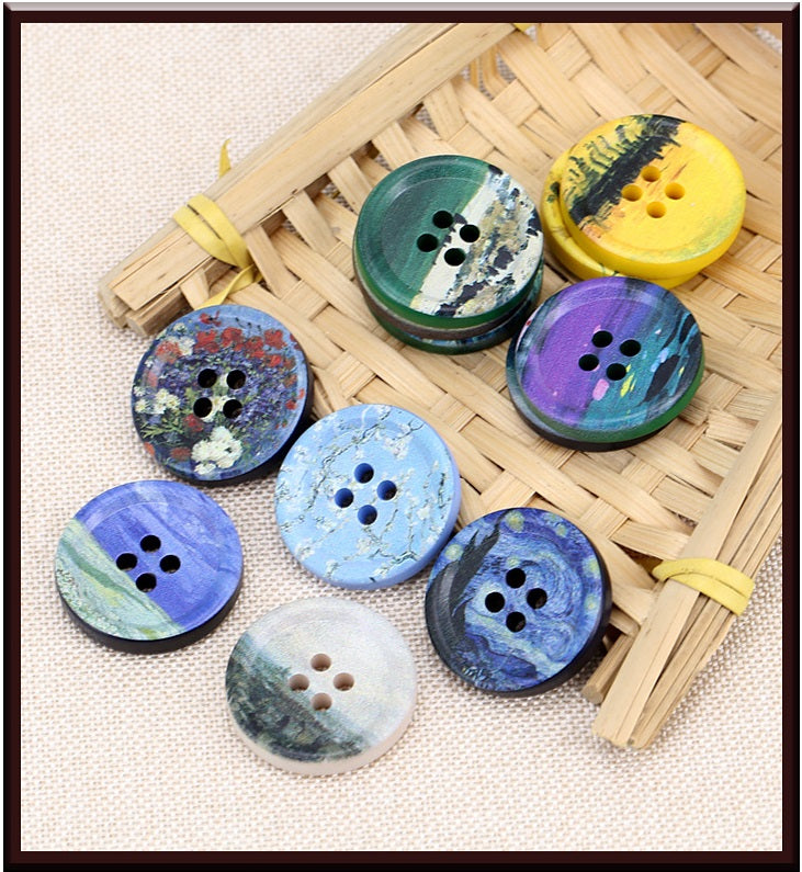 Runde Kunstharz-Knöpfe-Set mit Blumen- und Landschaftsmotiven, blau/gelb/violett, vier Löcher