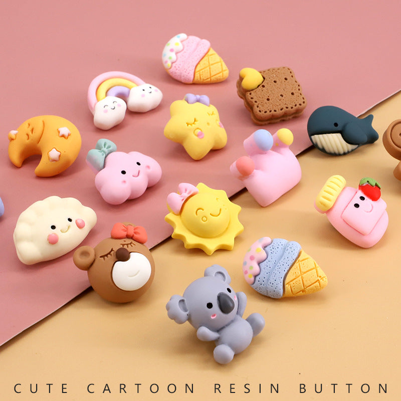 Colección de botones de resina con animales: conejito, oso koala, luna, pez y caramelo helado